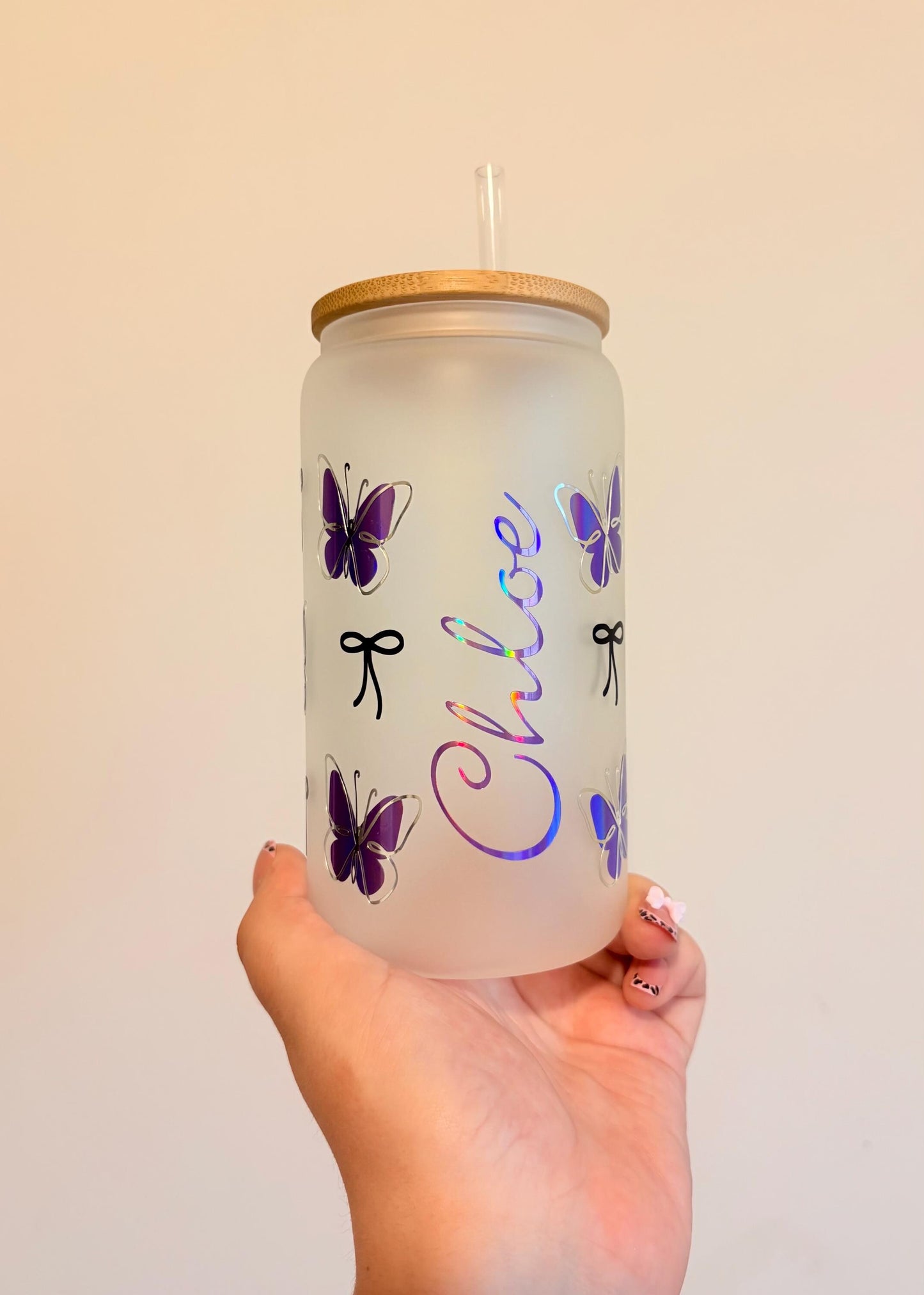 Personalised Summer Inspired Frosted Glass With Bamboo Lid And Straw
