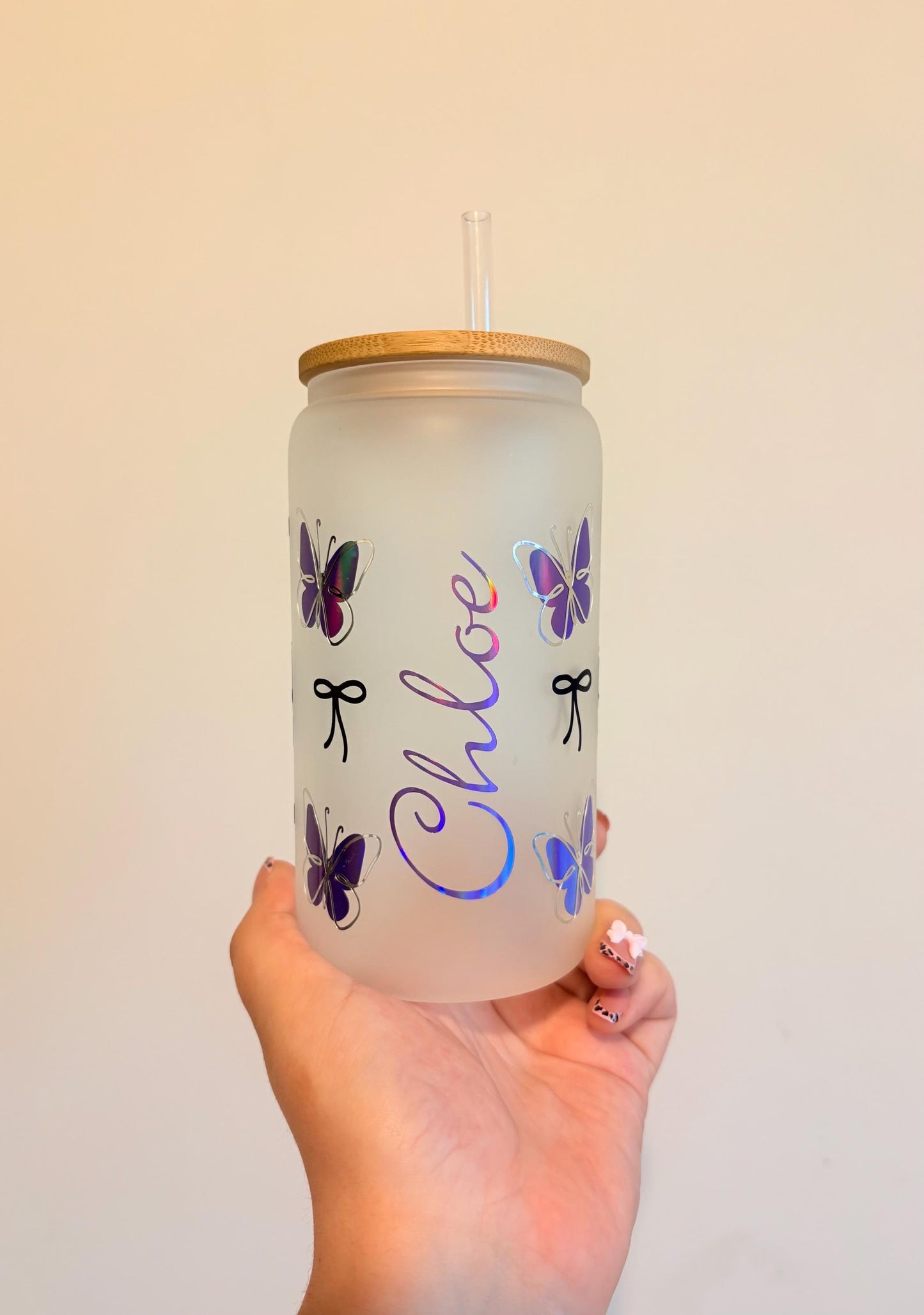 Personalised Summer Inspired Frosted Glass With Bamboo Lid And Straw