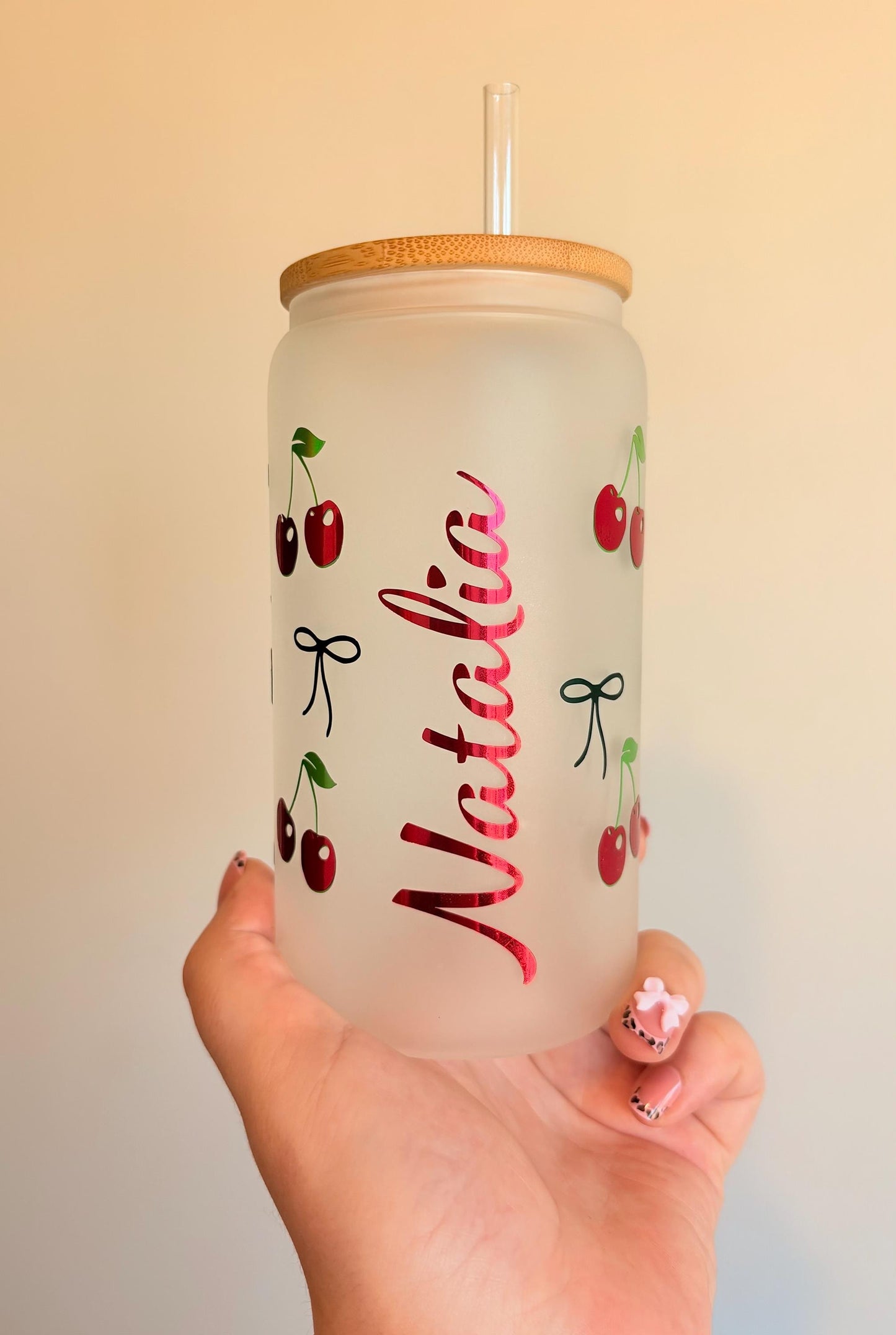 Personalised Summer Inspired Frosted Glass With Bamboo Lid And Straw