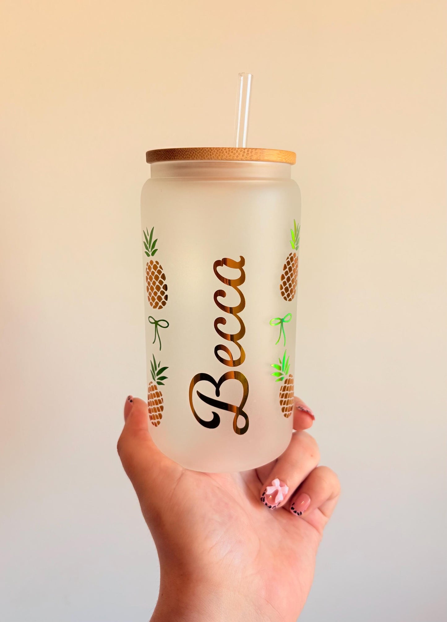 Personalised Summer Inspired Frosted Glass With Bamboo Lid And Straw