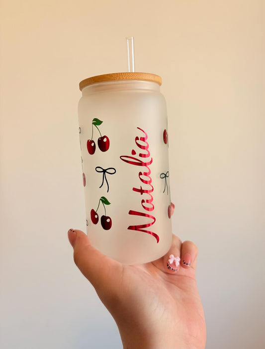 Personalised Summer Inspired Frosted Glass With Bamboo Lid And Straw