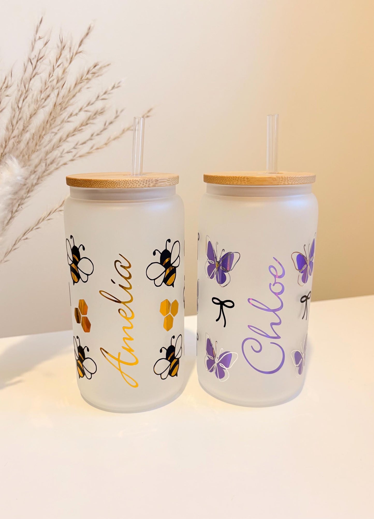Personalised Summer Inspired Frosted Glass With Bamboo Lid And Straw