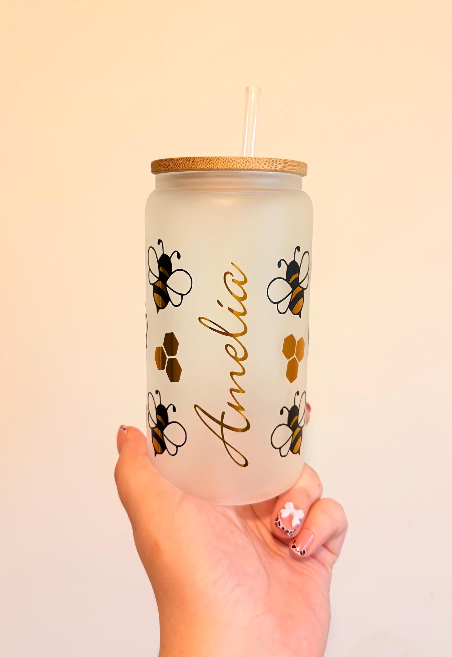 Personalised Summer Inspired Frosted Glass With Bamboo Lid And Straw