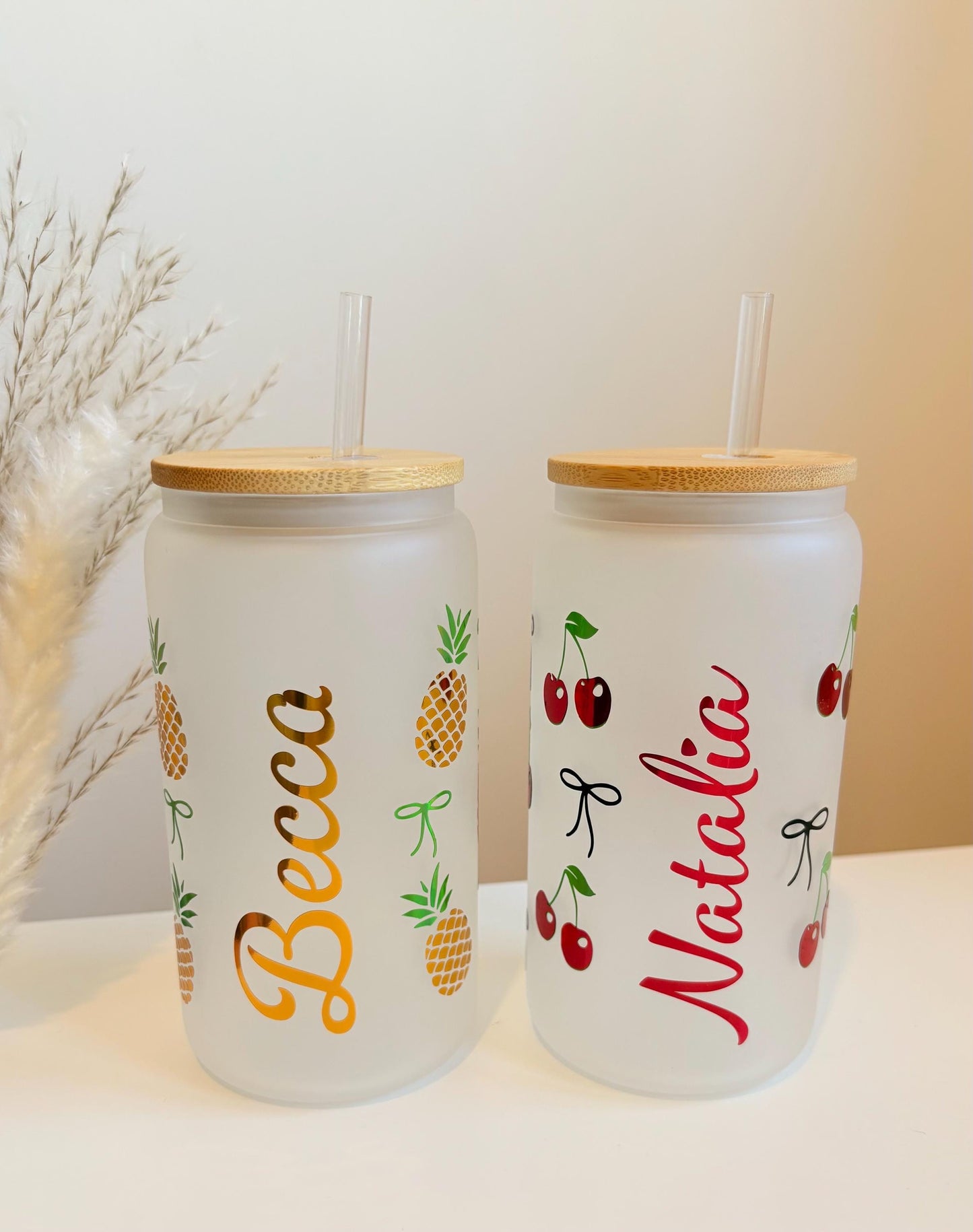 Personalised Summer Inspired Frosted Glass With Bamboo Lid And Straw