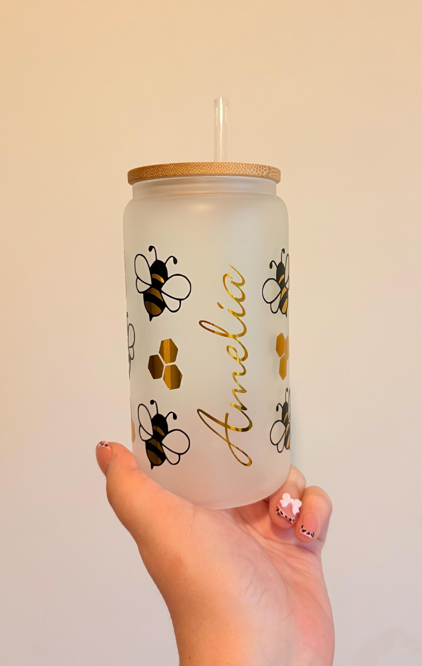 Personalised Summer Inspired Frosted Glass With Bamboo Lid And Straw